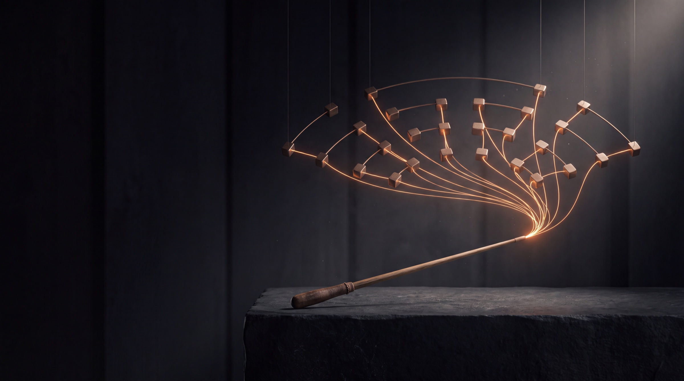 Uma batuta de maestro distribuindo fios de luz âmbar para nós, como um mapa de orquestra